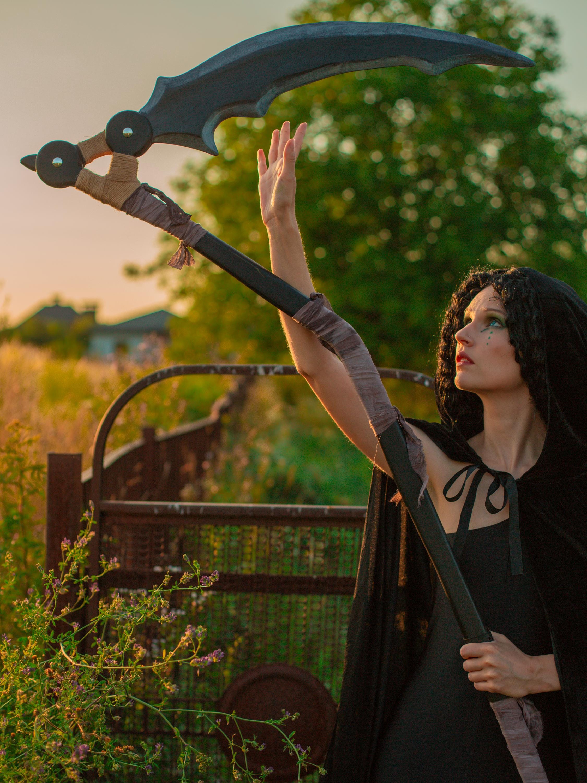 Scythe – Dark Crescent Wooden Black Staff – Handcrafted Fantasy Prop, Reaper, Gothic Fantasy Art Decor, Mystic Sorcerer Accessory