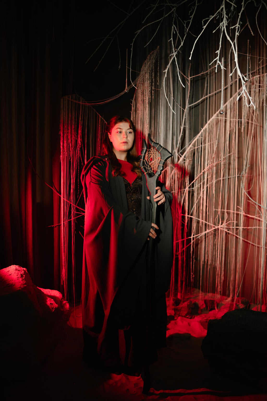 Witch Staff  – The Witch's Snare, Crimson Web Staff, Handcrafted Wooden Fantasy Prop with Dreamcatcher Center, Arcane-Themed Characters