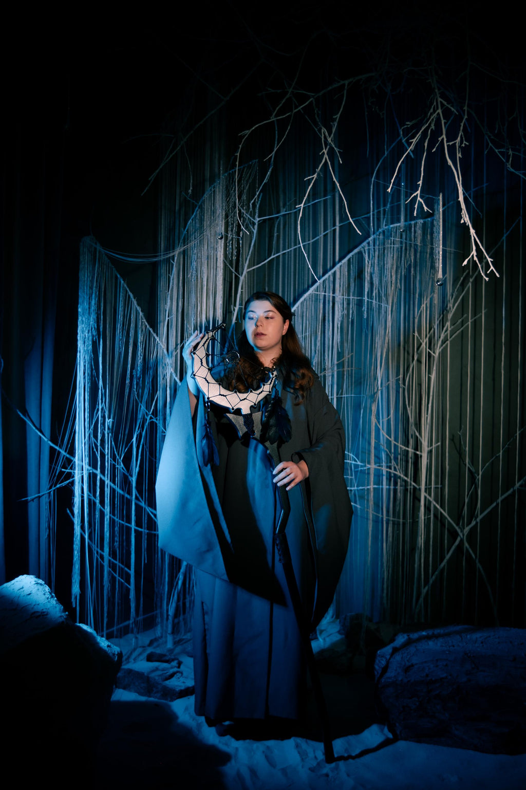 Lunar Dreamcatcher Staff – Handmade Silver Moon, Black Crescent Ritual Prop, Accessory with Feathers & Web, Costume Accessories, Macrame Art