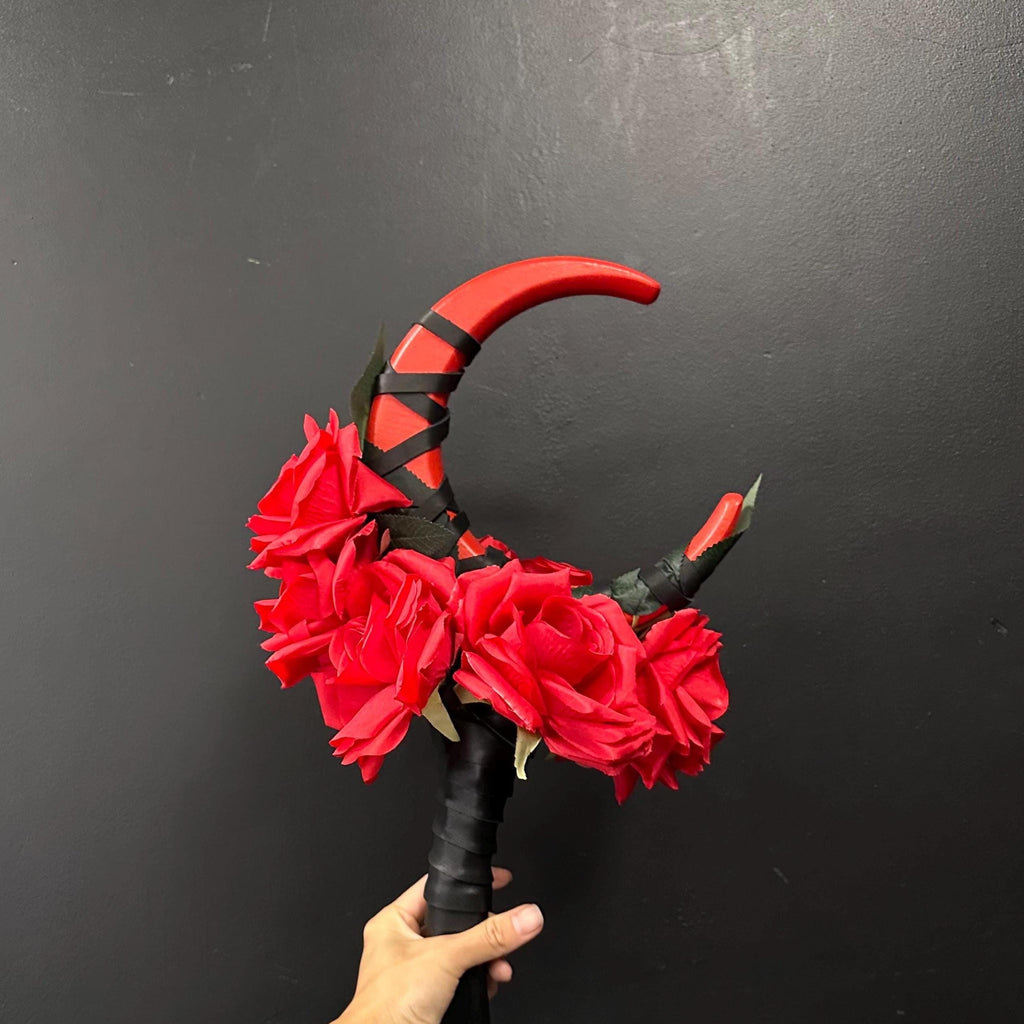 Vivid Red Crescent Moon Staff – Crimson Flame, Witch’s Ritual Tool with Blood Rose Magic, Scarlet Moon, Wizard Stave, Witch Cosplay