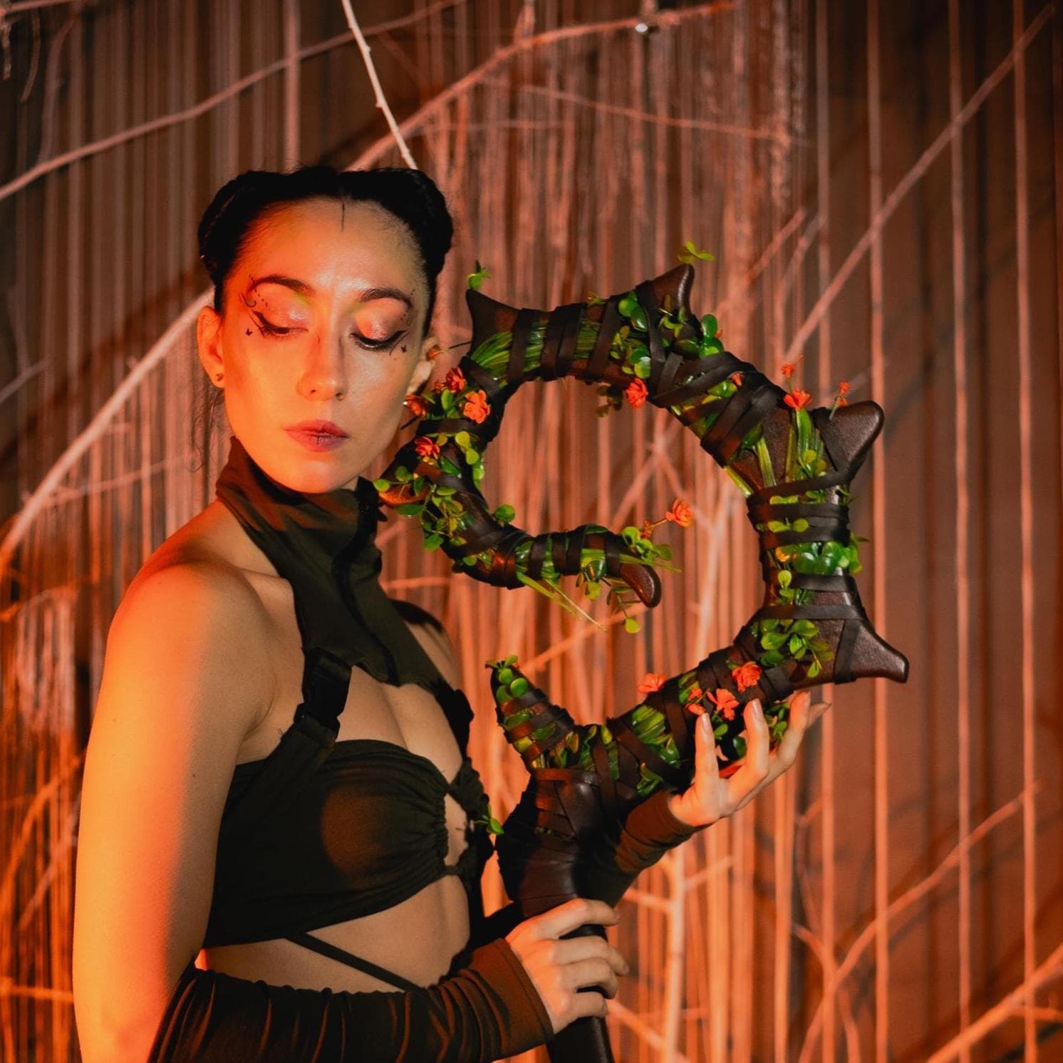 The Swamp Druid Staff with Red Flowers, Druid Сane, Wooden Fantasy Prop for Tiefling, Genasi Cleric, Wizard Costume