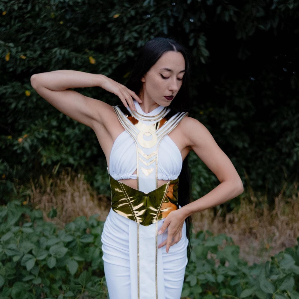 White and Gold Goddess Egyptian Costume – Fantasy Priestess Cosplay Dress & Mythical Characters
