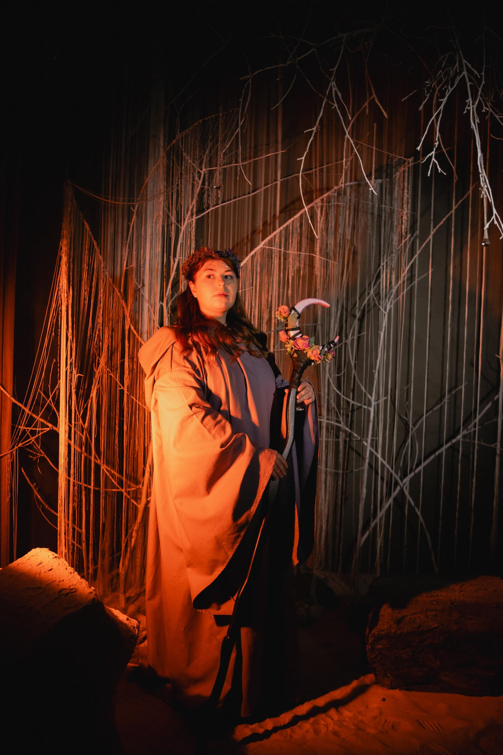 Petal Moon Charm –  Floral Crescent Wood Wizard Staff, Alder Fantasy Staff, Blossom Magic Cane, Rose Moon Stave, Nature Inspired Costume