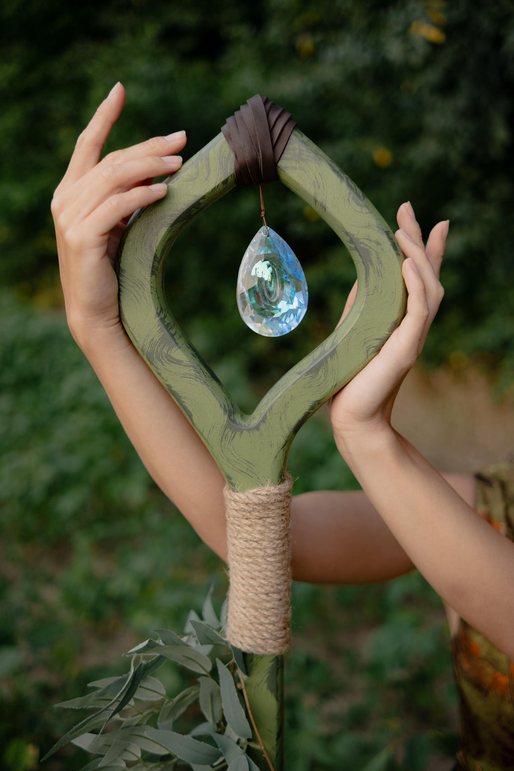 Crystal Of The Forest – Handmade Wooden Staff with Glass Crystal, Nature Staff for Cosplay