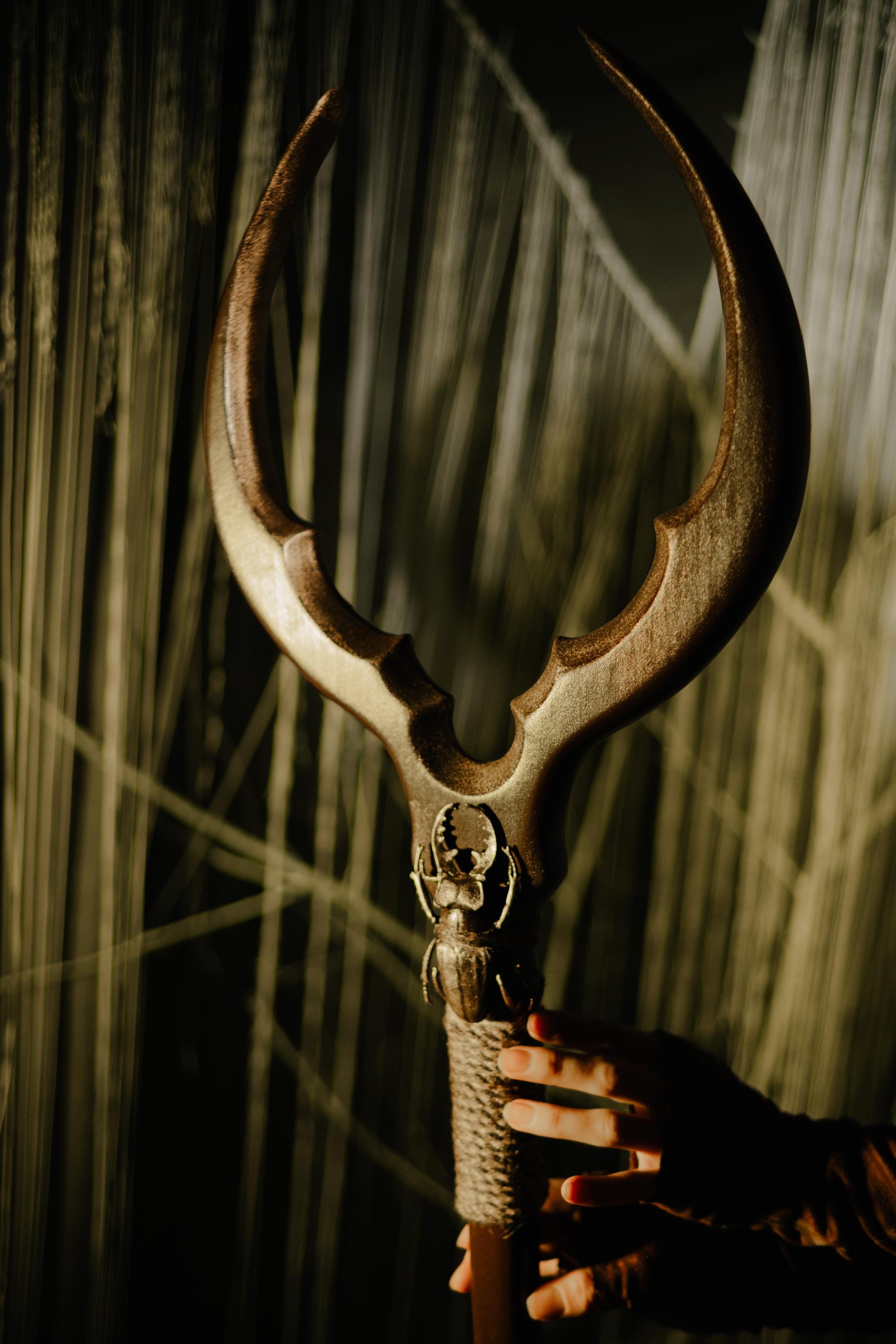 Bug-Shaped Arcane Staff – Wooden Fantasy Costume, Beetle Design, Handmade Druidic Decor, Nature-Inspired Prop