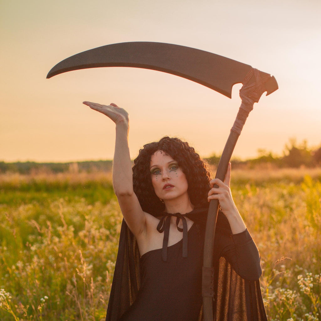 Harvest of Souls Scythe Staff – Handcrafted Wooden Fantasy Prop, Grim Reaper Magical Staff, Dark Sorcerer or Necromancer Decor
