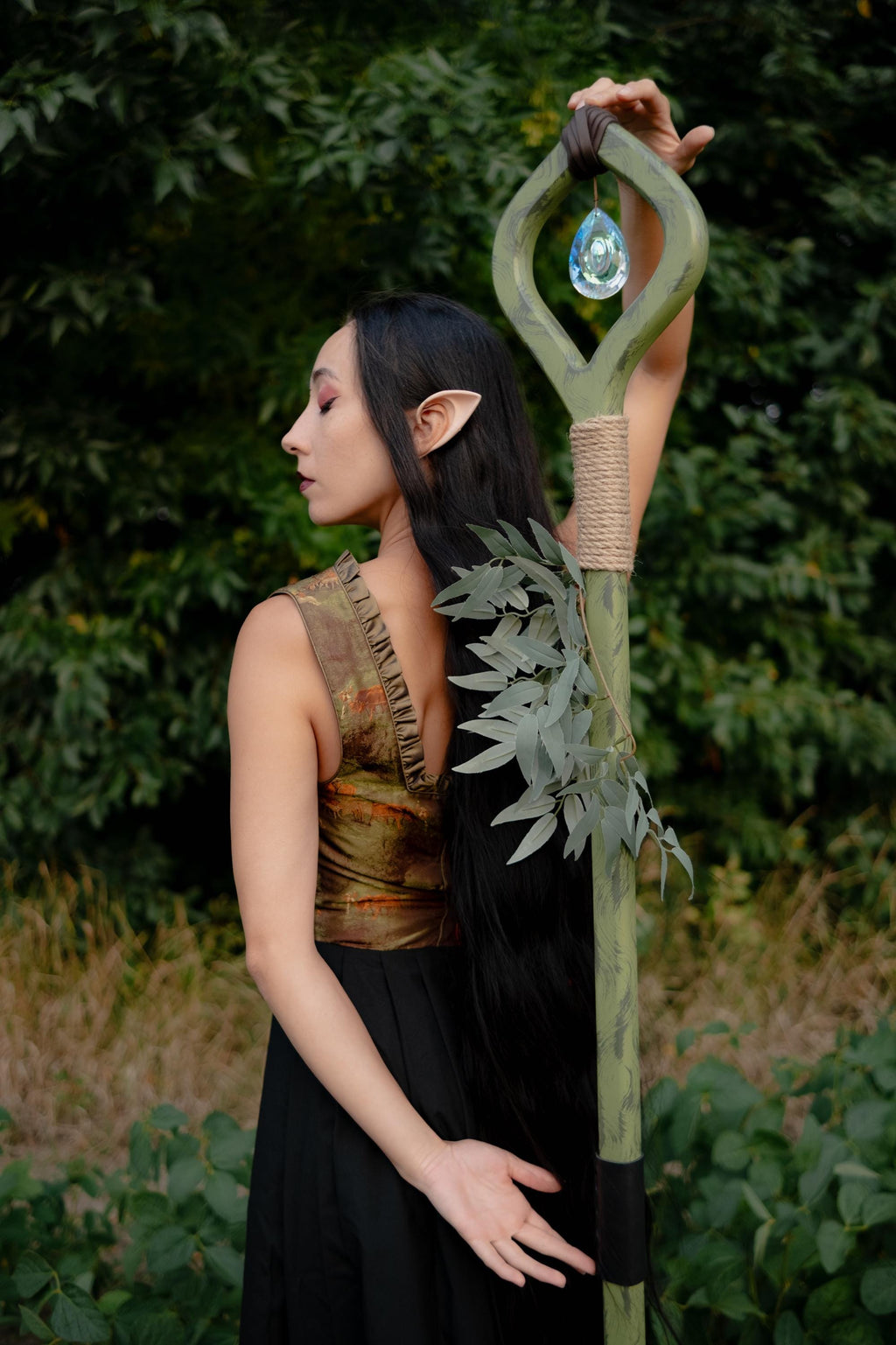 Crystal Of The Forest – Handmade Wooden Staff with Glass Crystal, Nature Staff for Cosplay