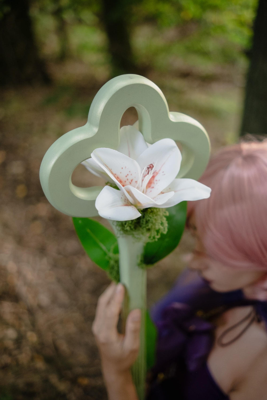 Lily Bloom Staff – Mint White Handmade Wooden Fantasy Cosplay Prop, Elf Druid Staff with Moss Accents