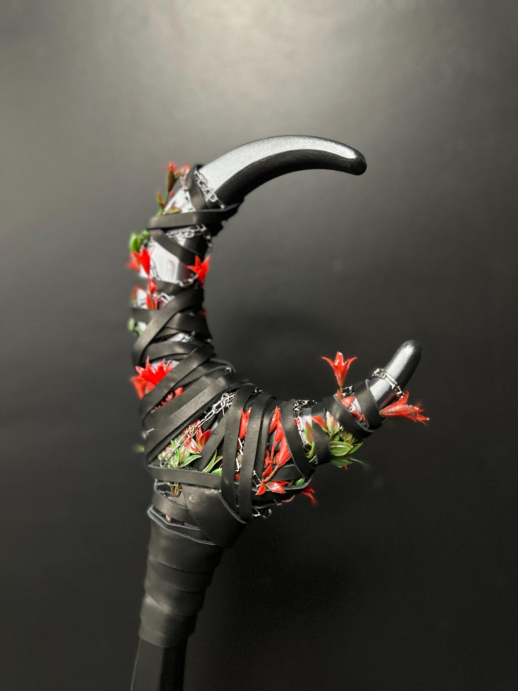 Blooming Nightshade Moon Staff – Wooden Fantasy Cosplay Staff, Silver Moon Color with Red Bellflower, Handcrafted Wizard Staff