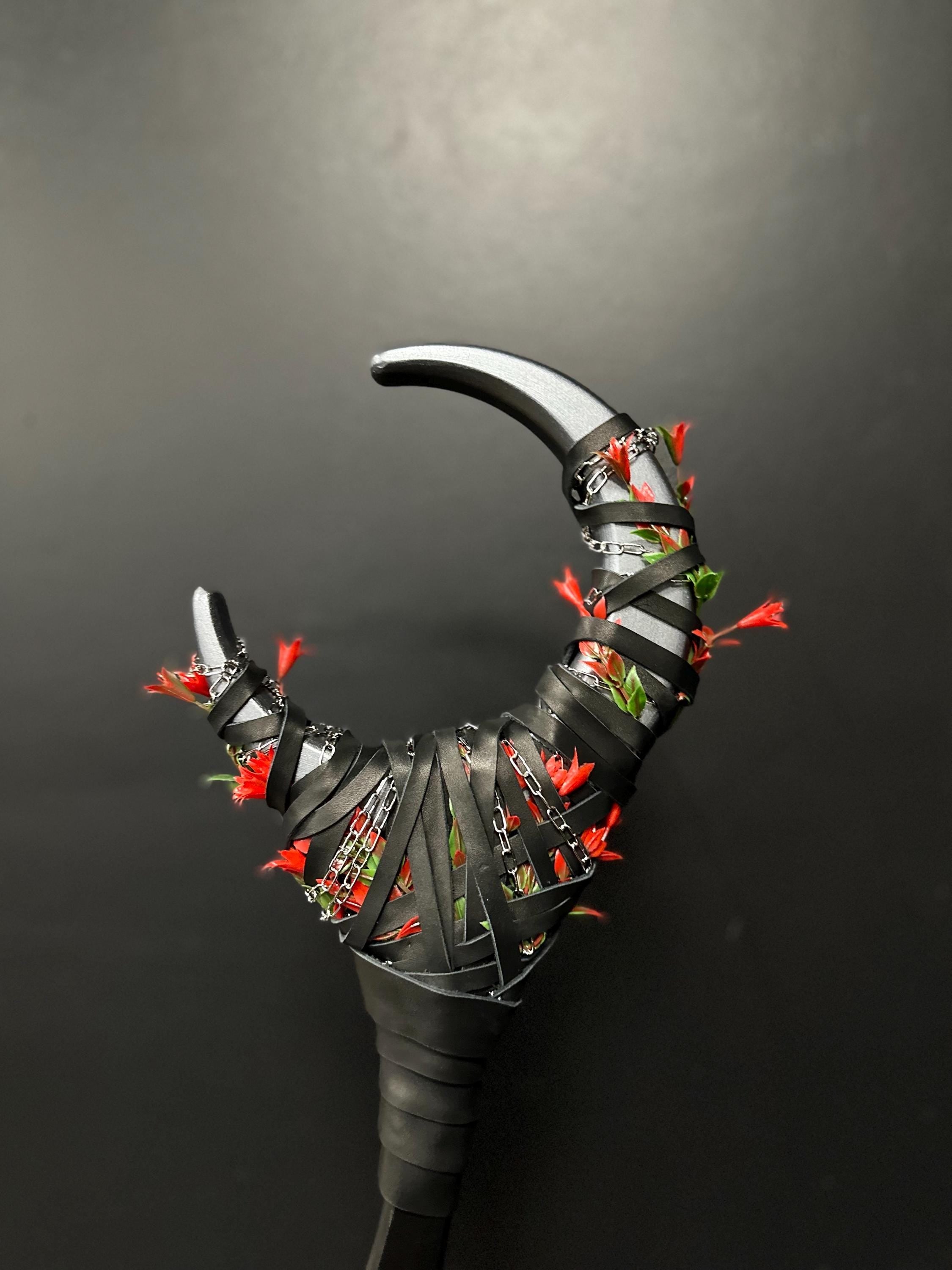 Blooming Nightshade Moon Staff – Wooden Fantasy Cosplay Staff, Silver Moon Color with Red Bellflower, Handcrafted Wizard Staff