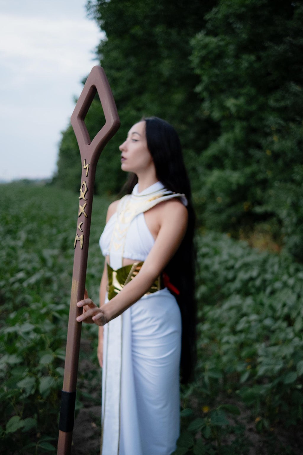 Runestone Staff "Sun" – Wooden Staff with Rune Design and Red Gemstones for Ritual & Cosplay