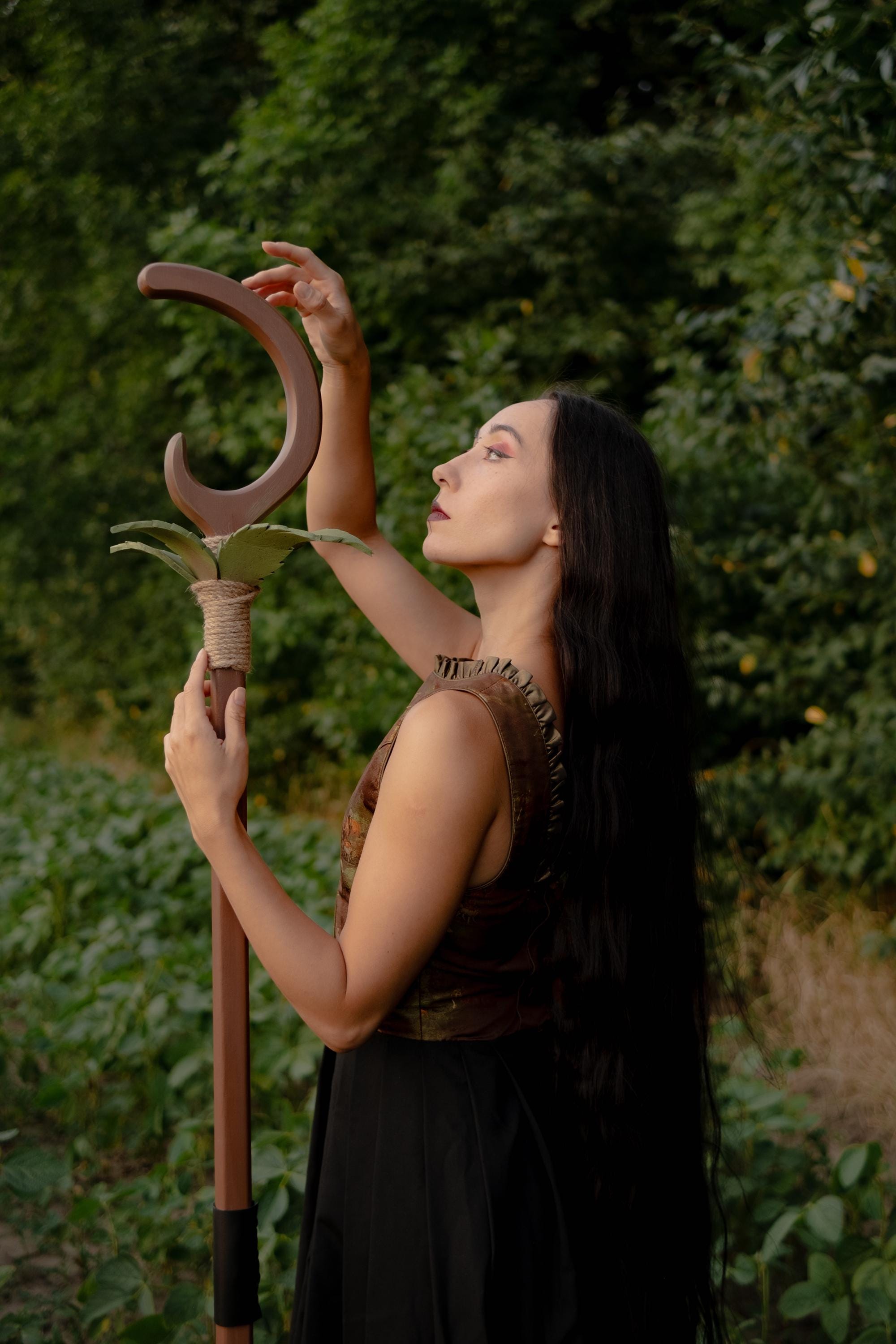 Petal Crescent - Druid Staff with EVA Foam Leaves – Handmade Wooden Nature Staff for Cosplay