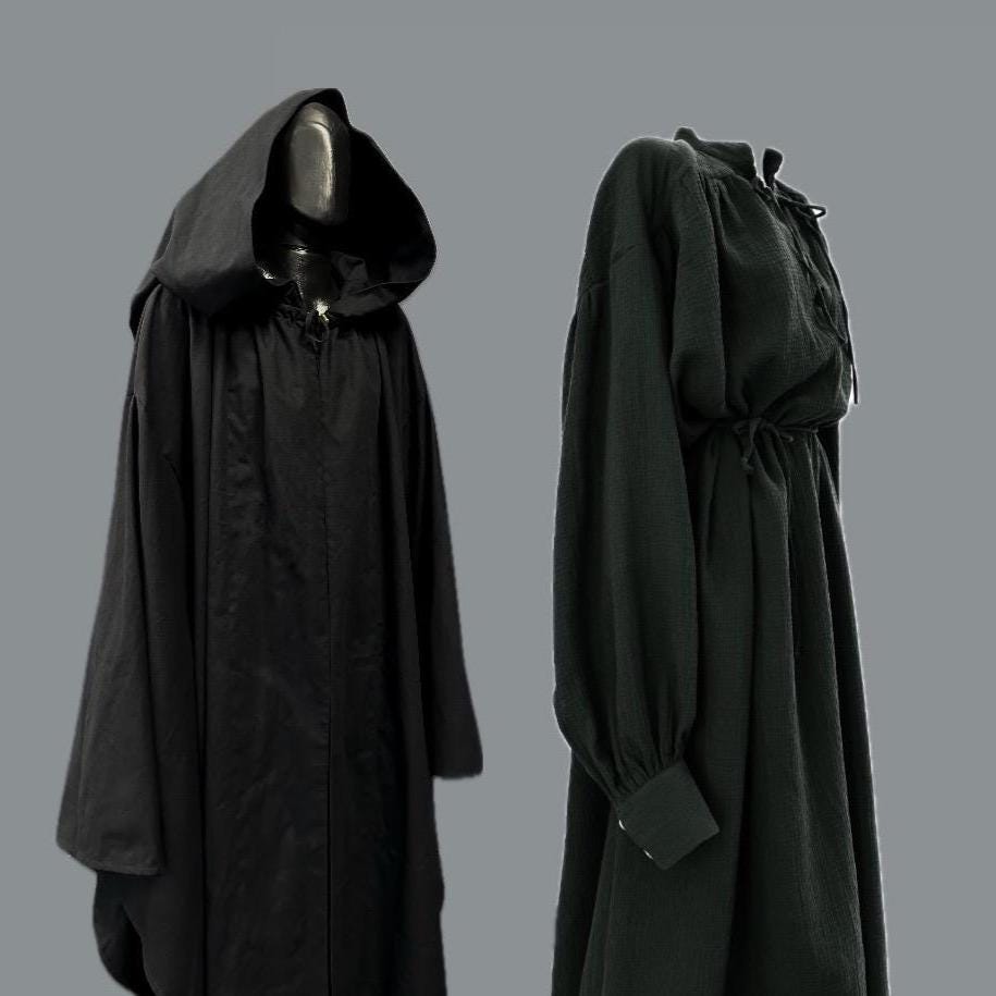 Raven Set –  Raven Black Cloak and Tunic, Sorcerer or Warlock Outfit, Gothic Medieval Robe, Handmade Dark Fantasy Clothing, Shadowborne