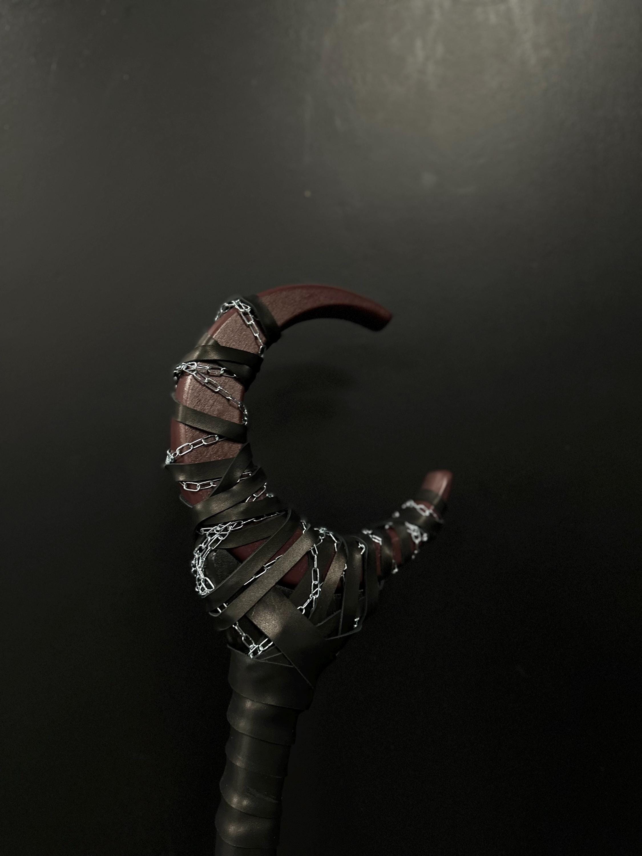 Dark Plum Shadow Moon Staff with Chain – Handcrafted Wizard Prop, Wiccan Cosplay Wand, Mystic Alder Wood Accessory