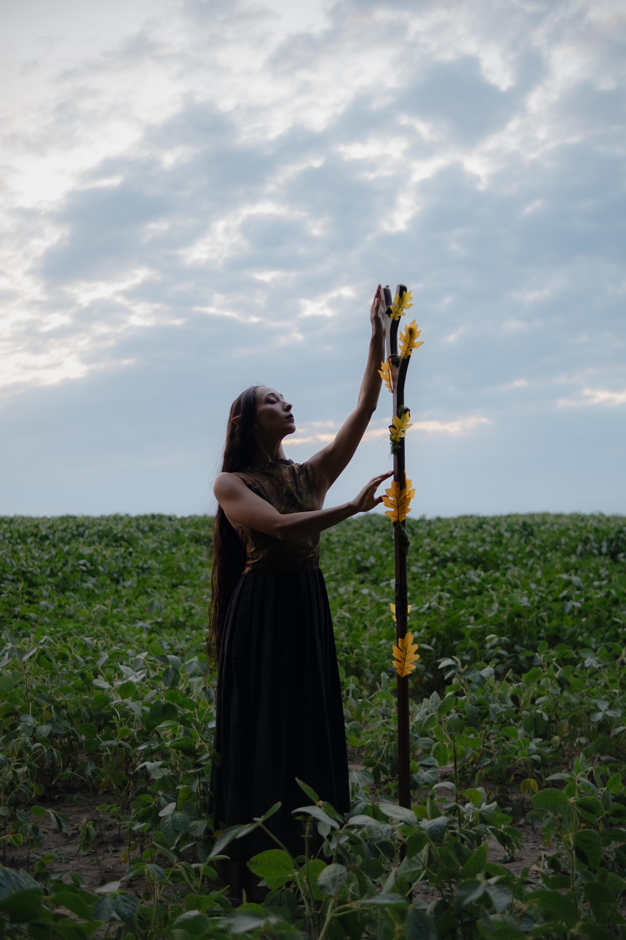 Oak Druid Staff – Fantasy Cosplay Prop with Acorns, Leaves and Moss, Wooden LARP Nature Mage Wand