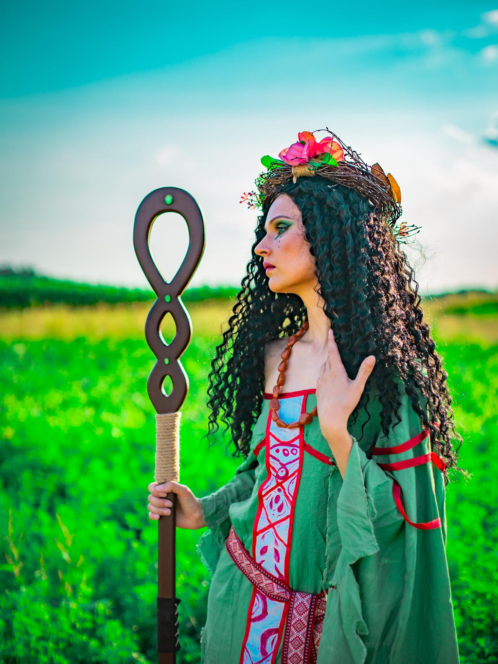 Celestial Ellipse Staff – Wooden Druid Staff, Handmade Fantasy Prop, Mystical Nature Decor, Cosmic Ritual Wand, Forest Magic