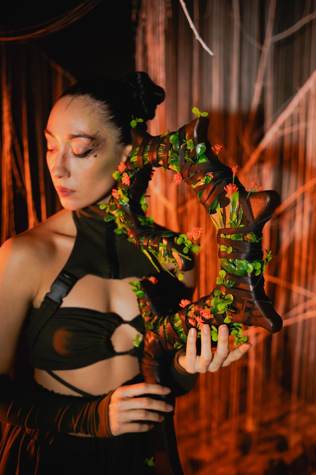 The Swamp Druid Staff with Red Flowers, Druid Сane, Wooden Fantasy Prop for Tiefling, Genasi Cleric, Wizard Costume