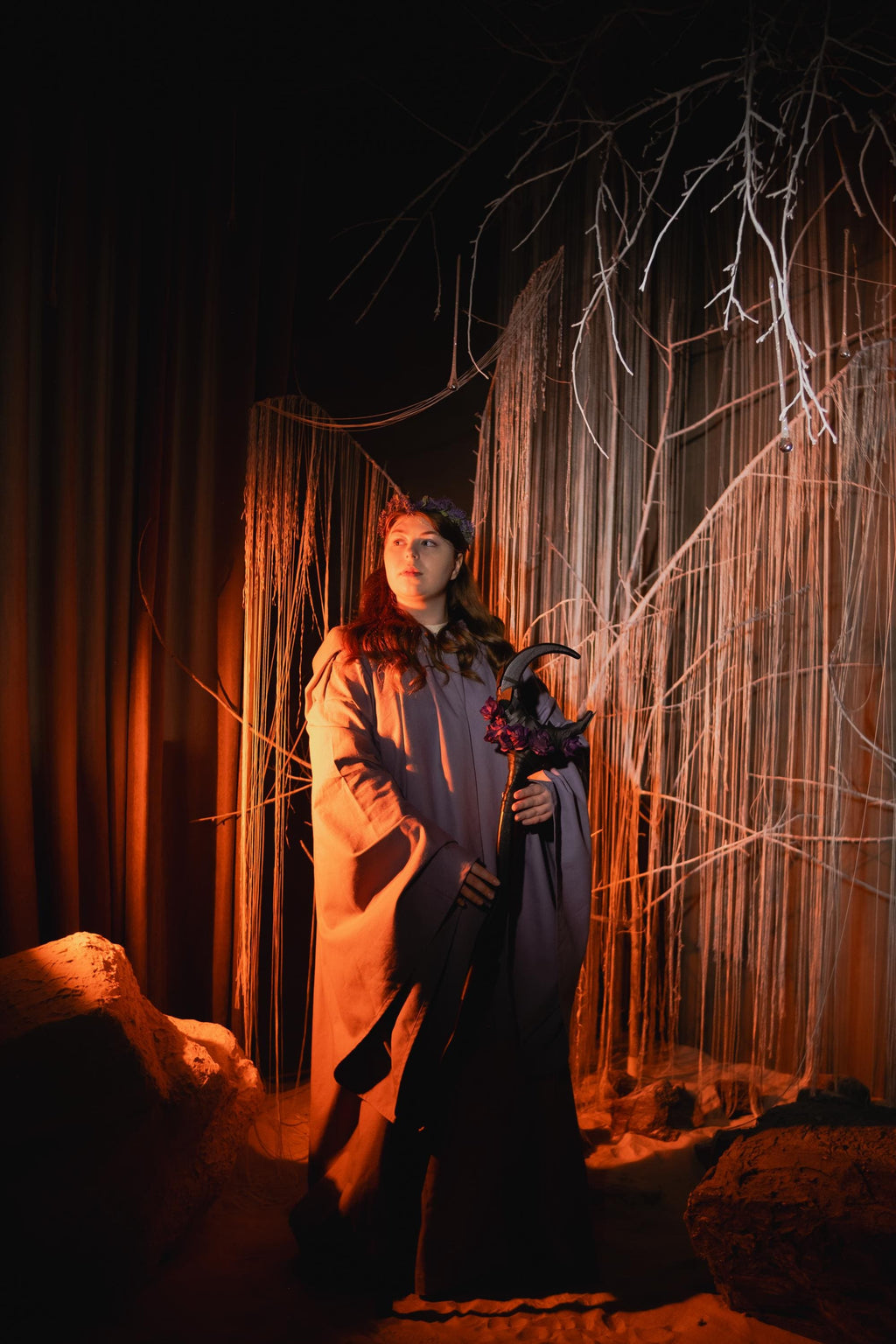 Floral Crescent Wood Staff – Wizard Staff The Velvet Eclipse, Moon Witch Staff, Handcrafted Cosplay Prop, Dark Rose