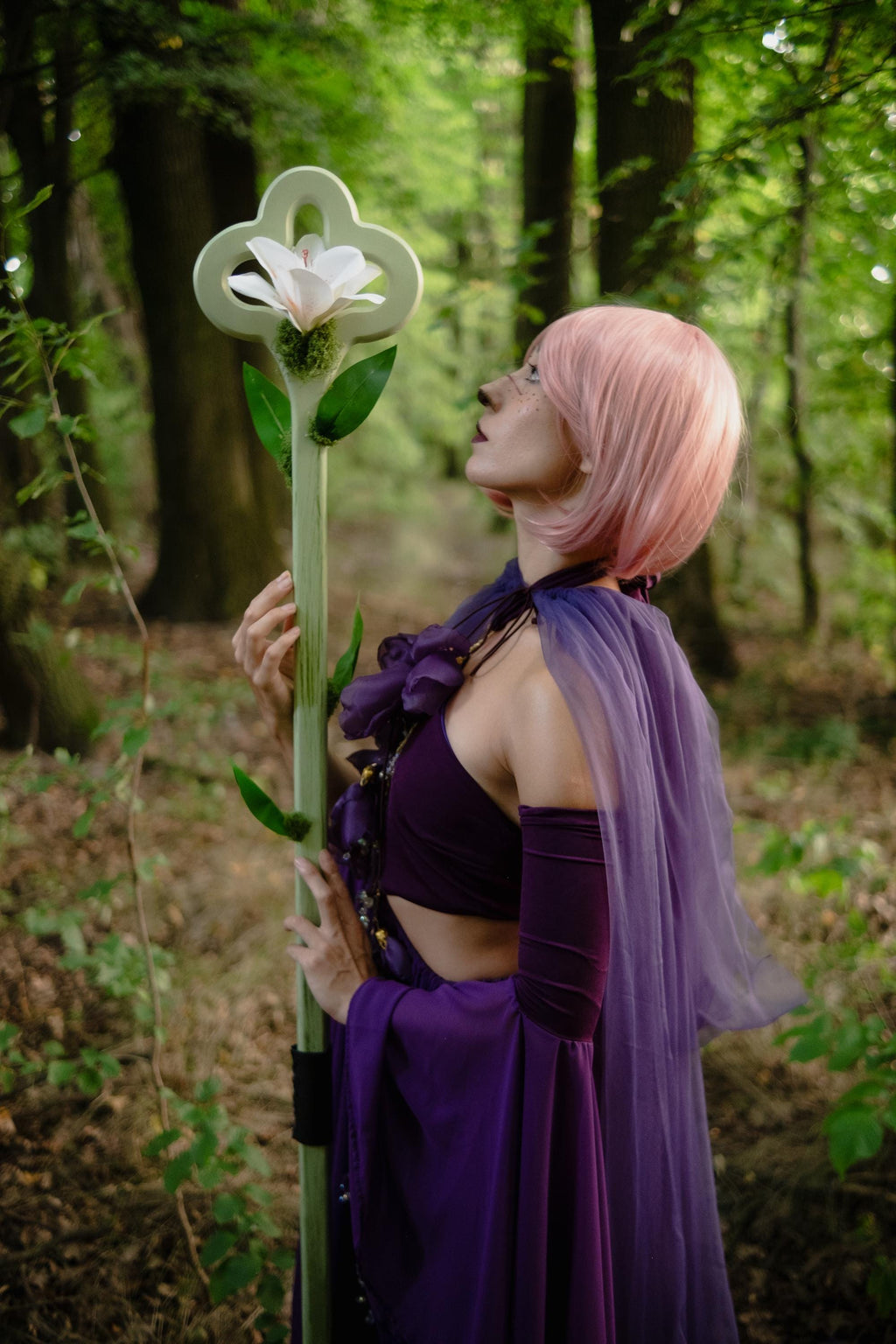Lily Bloom Staff – Mint White Handmade Wooden Fantasy Cosplay Prop, Elf Druid Staff with Moss Accents