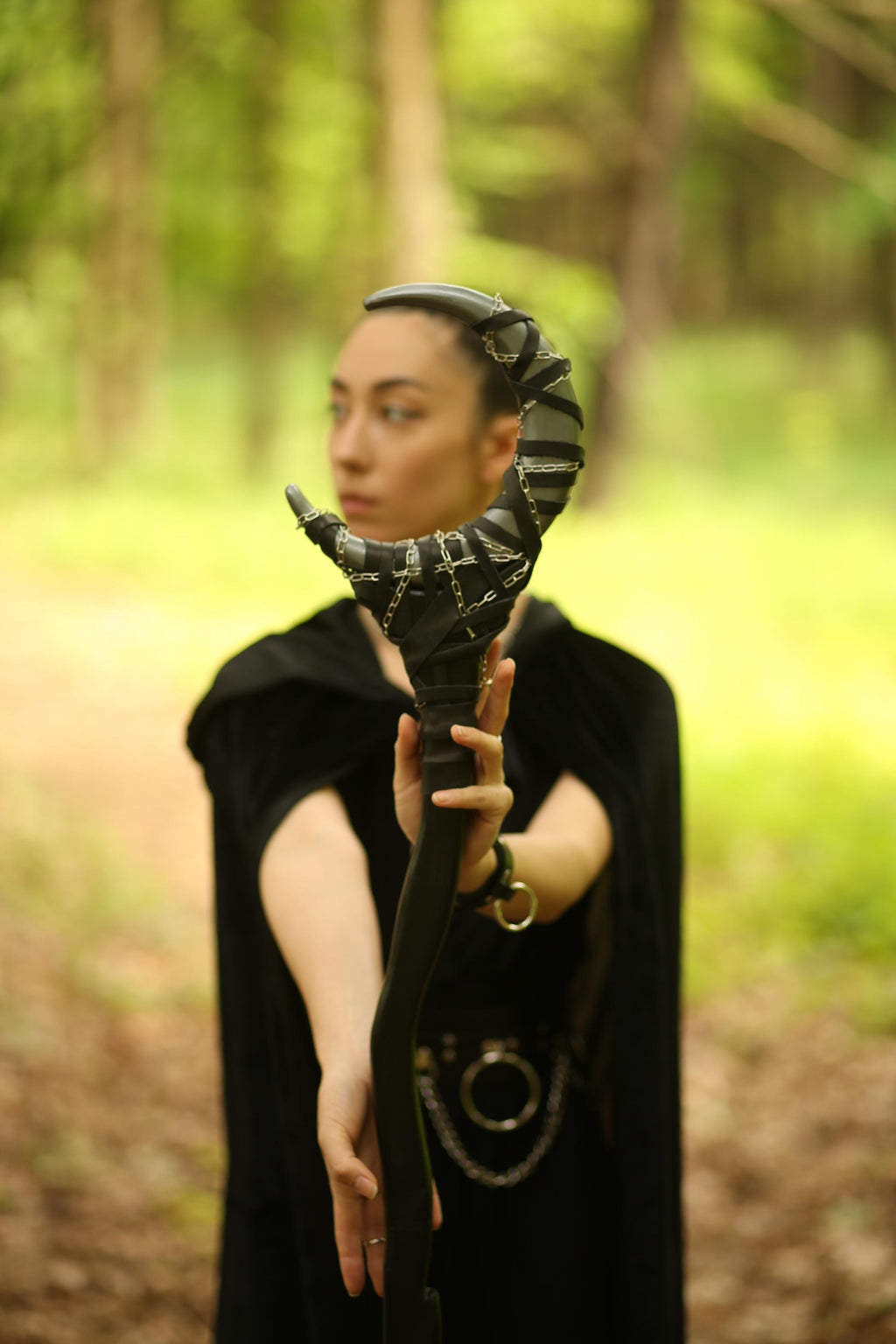 Gun Metal Crescent Moon Staff – Druidic Wand, Wicca Ritual Prop, LARP Wizard Stick, Fantasy Cosplay Accessory, Alder Wood