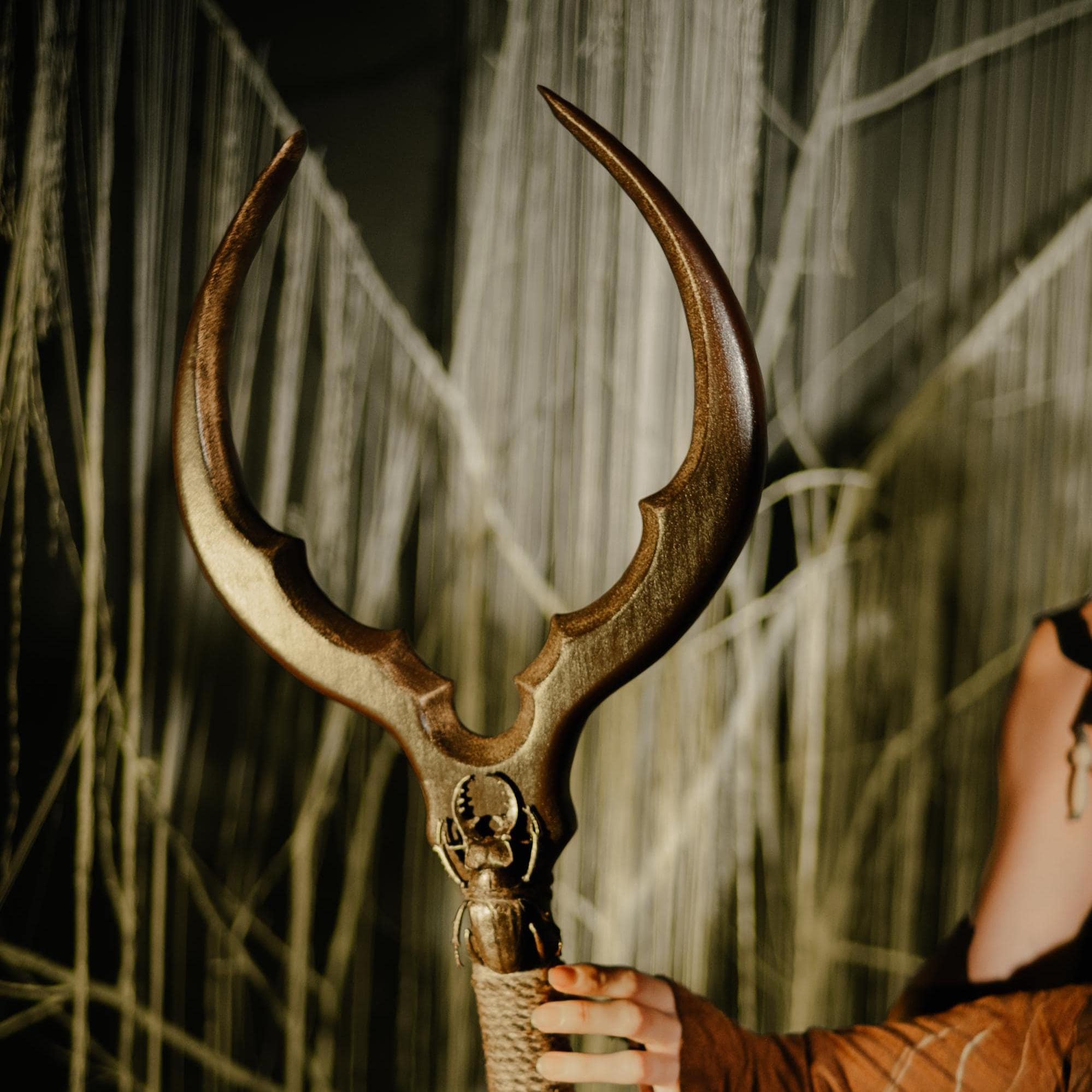 Bug-Shaped Arcane Staff – Wooden Fantasy Costume, Beetle Design, Handmade Druidic Decor, Nature-Inspired Prop