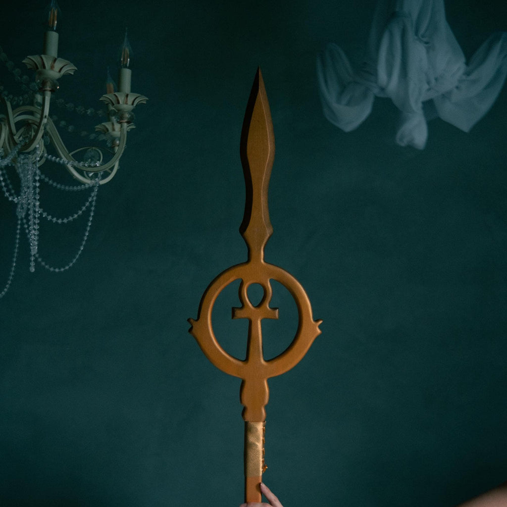 The Pharaoh’s Sun Spear – Handcrafted Wooden Egyptian Prop, Pharaoh Ritual Cane, Ancient Symbol Decor, Fantasy Costume Accessory, Ankh