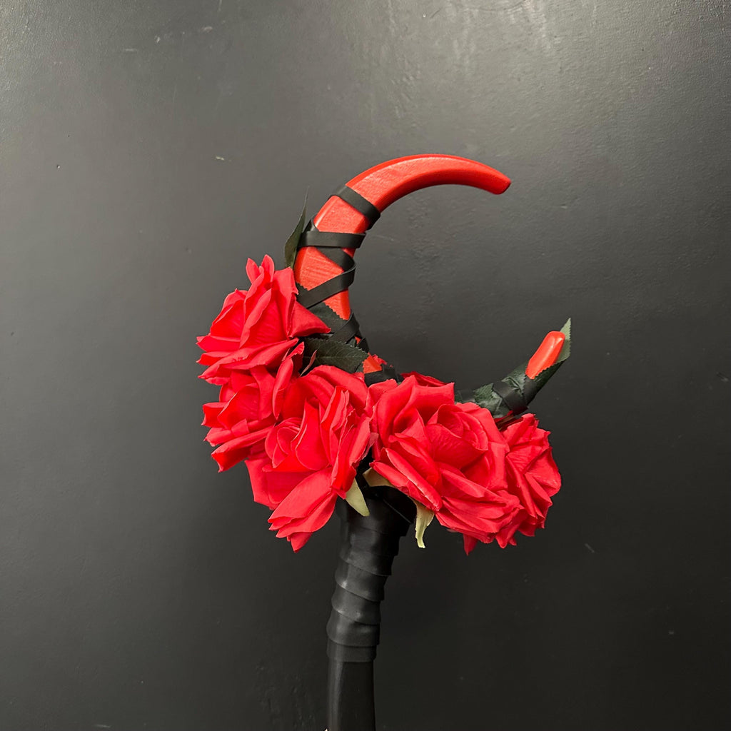 Vivid Red Crescent Moon Staff – Crimson Flame, Witch’s Ritual Tool with Blood Rose Magic, Scarlet Moon, Wizard Stave, Witch Cosplay