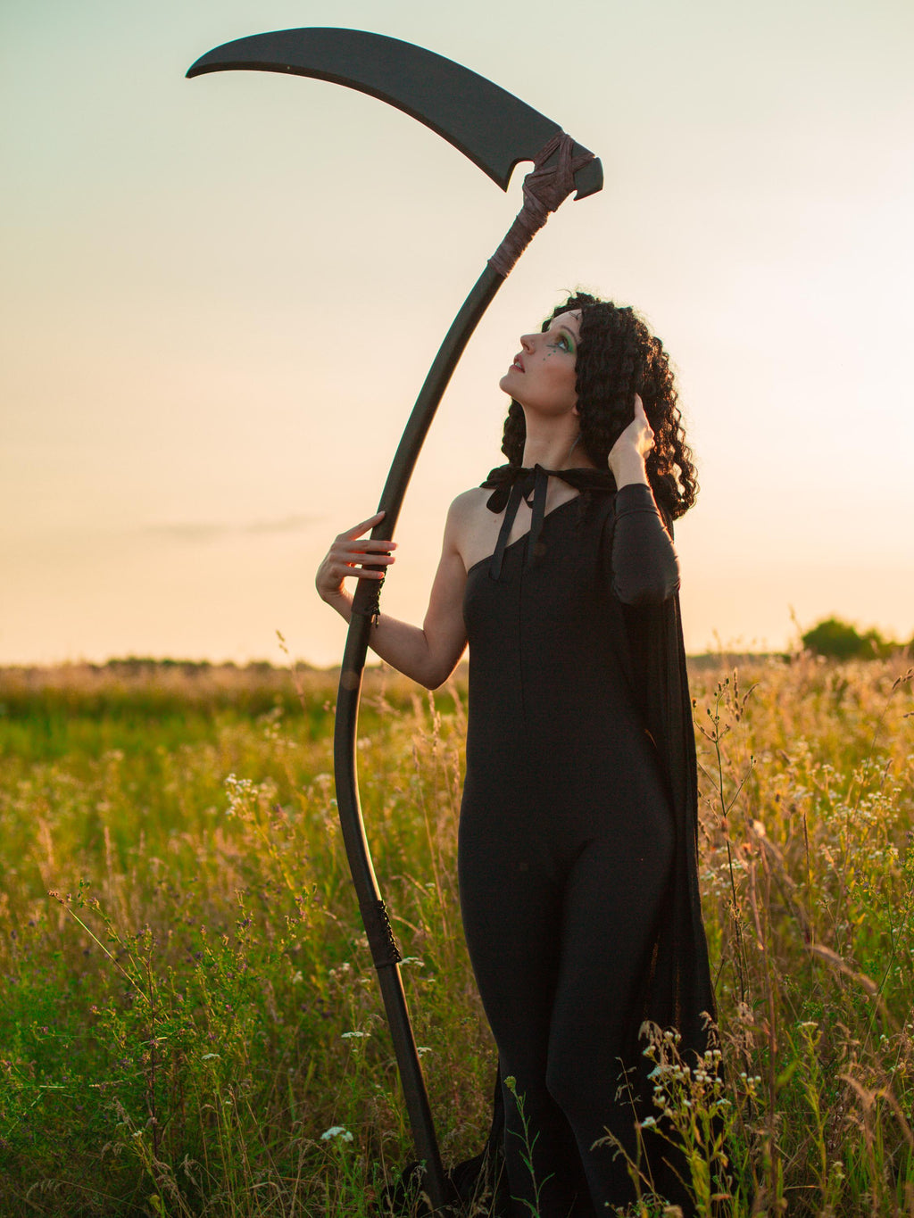 Harvest of Souls Scythe Staff – Handcrafted Wooden Fantasy Prop, Grim Reaper Magical Staff, Dark Sorcerer or Necromancer Decor