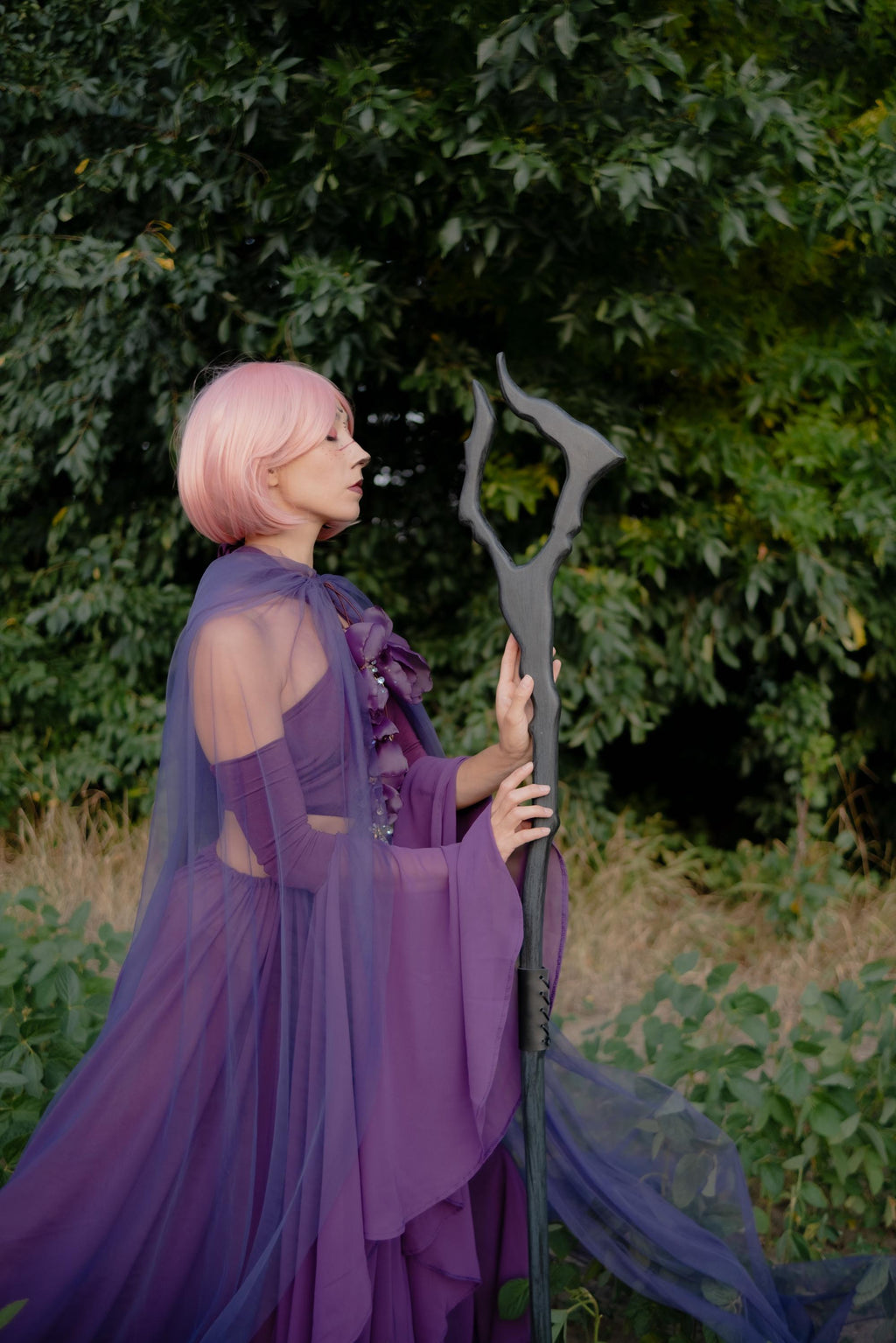 Dark Antler Staff – Wooden Fantasy Cosplay Prop, Druid Elf Mage Costume Staff,