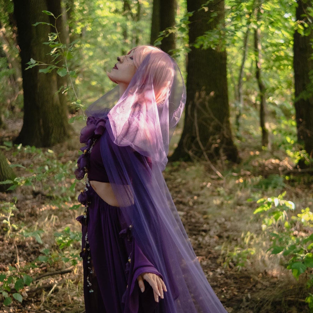 Purple Fantasy Fairy Costume – Moonlit Orchid, Elven Cosplay Dress with Flowers, Enchanted LARP Outfit, Witch or Goddess Gown