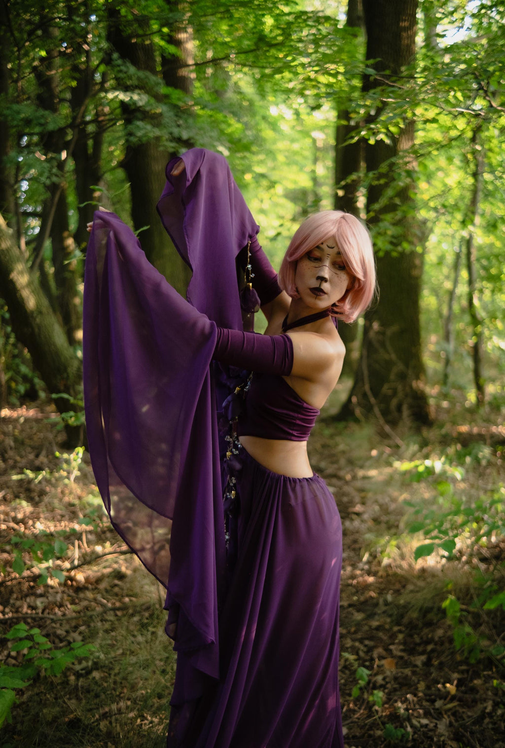 Purple Fantasy Fairy Costume – Moonlit Orchid, Elven Cosplay Dress with Flowers, Enchanted LARP Outfit, Witch or Goddess Gown