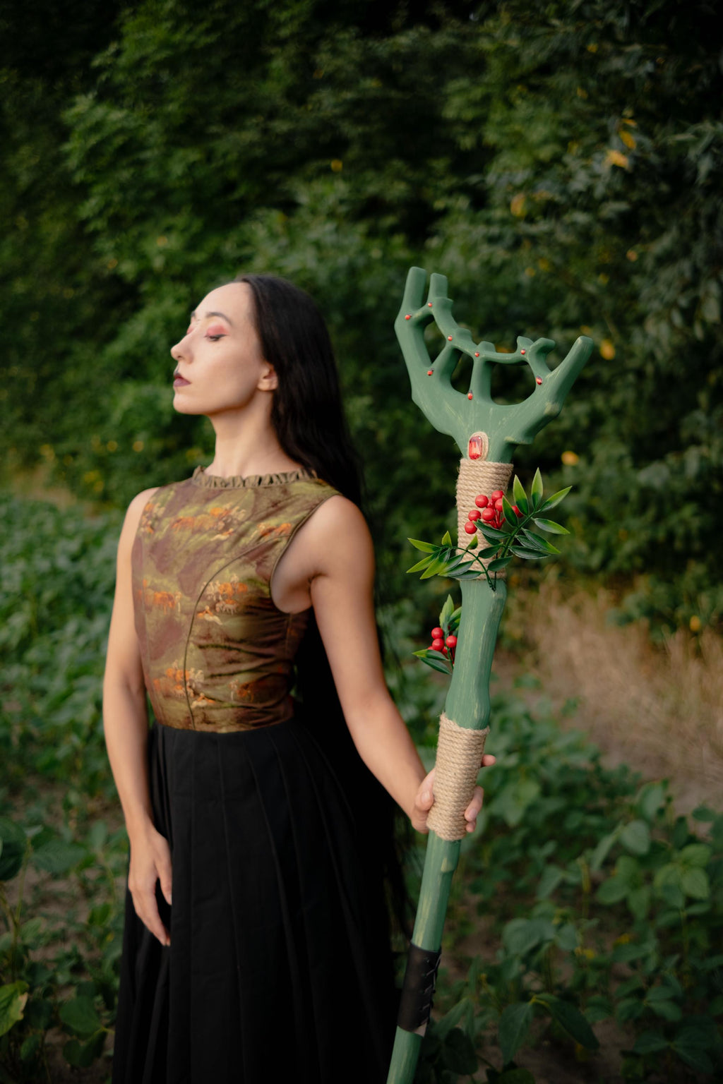 Crown of the Forest  – Elven or Druid Wooden Staff with Antler Design and Red Gemstones for Cosplay