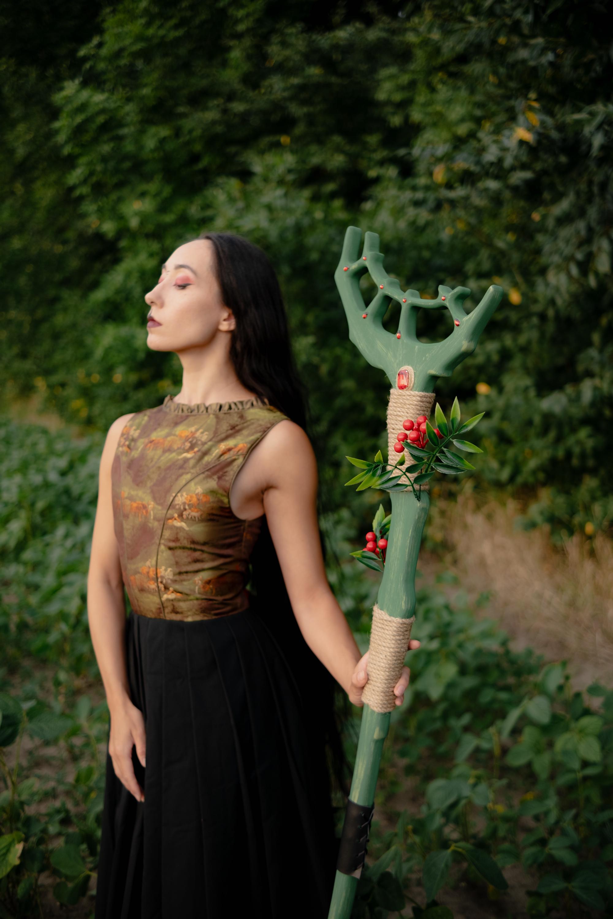 Crown of the Forest  – Elven or Druid Wooden Staff with Antler Design and Red Gemstones for Cosplay