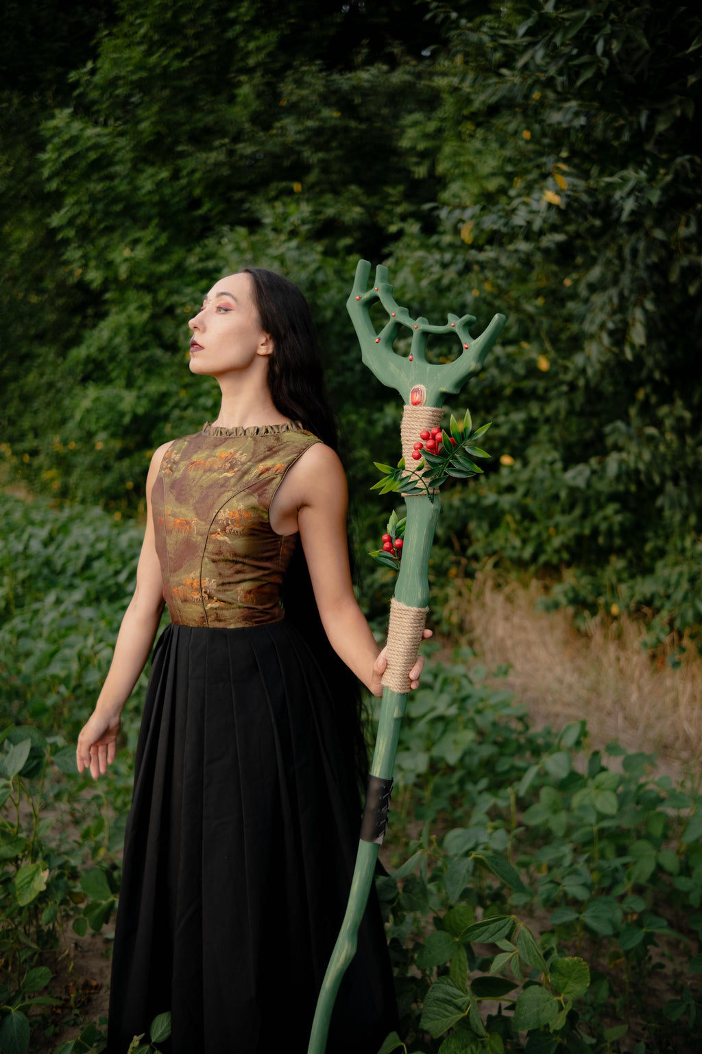 Crown of the Forest  – Elven or Druid Wooden Staff with Antler Design and Red Gemstones for Cosplay