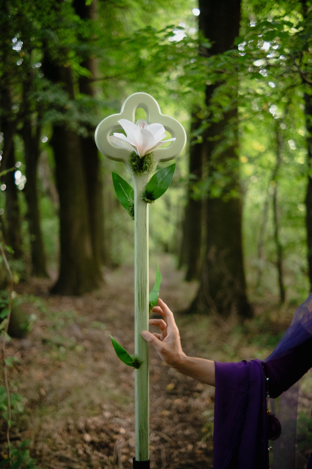 Lily Bloom Staff – Mint White Handmade Wooden Fantasy Cosplay Prop, Elf Druid Staff with Moss Accents