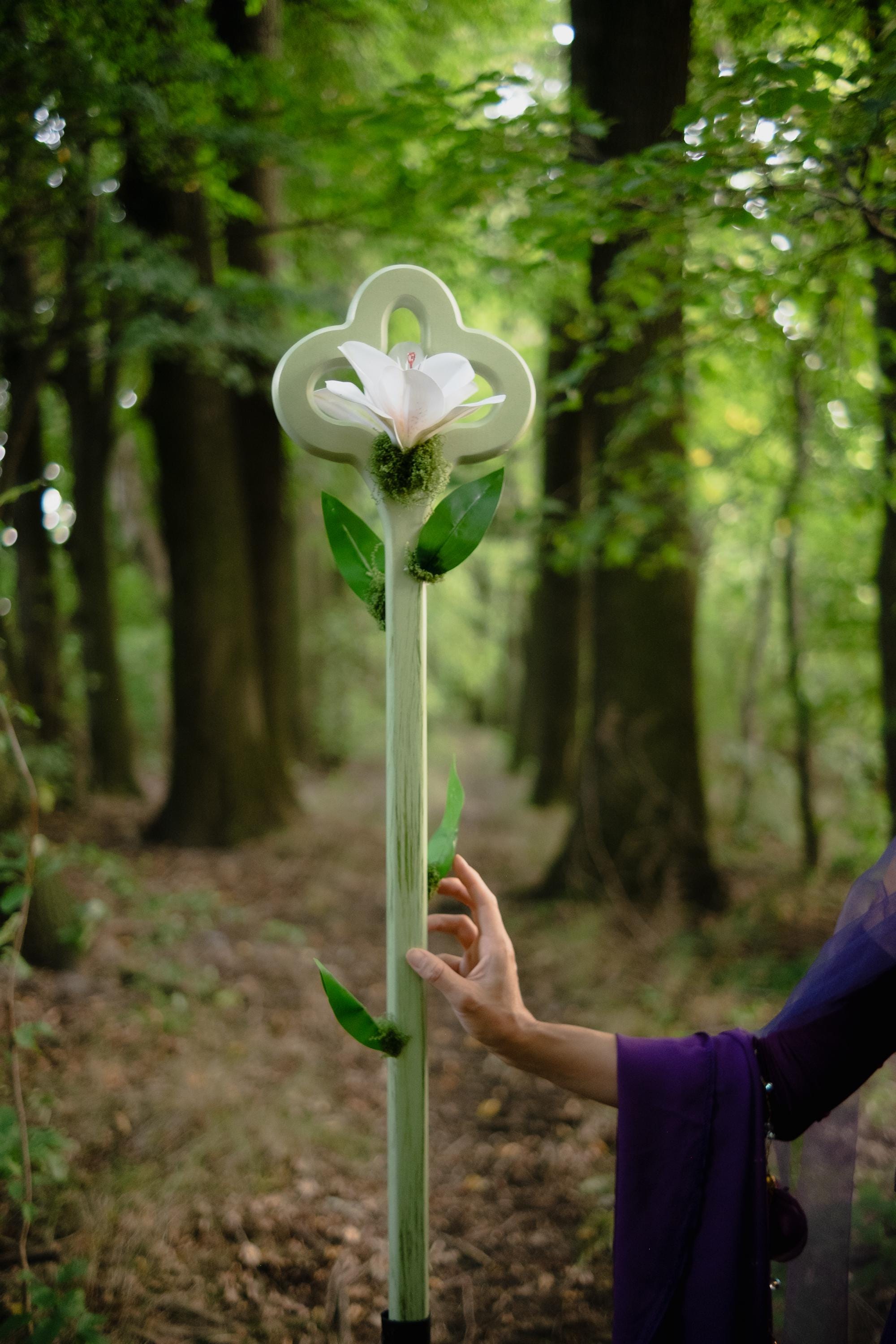 Lily Bloom Staff – Mint White Handmade Wooden Fantasy Cosplay Prop, Elf Druid Staff with Moss Accents