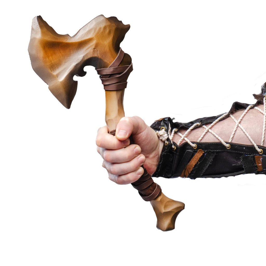 Primitive Wooden War Axe for Warriors and Druids,– Handcrafted Alder Wood & Leather Prop, Shaman's relic, Barbarian's axe