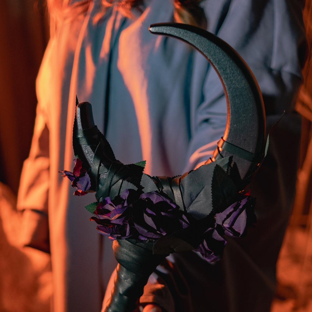 Floral Crescent Wood Staff – Wizard Staff The Velvet Eclipse, Moon Witch Staff, Handcrafted Cosplay Prop, Dark Rose