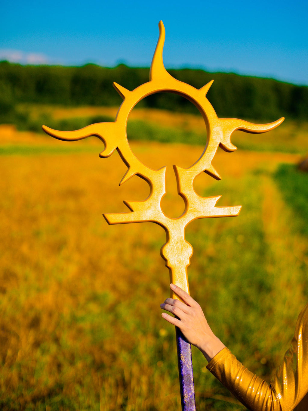 Sun Oracle Wizard Staff – Golden Solar Rod, Wooden Cult of Sun Wand, Mystical Costume Prop, Handcrafted Alder Staff