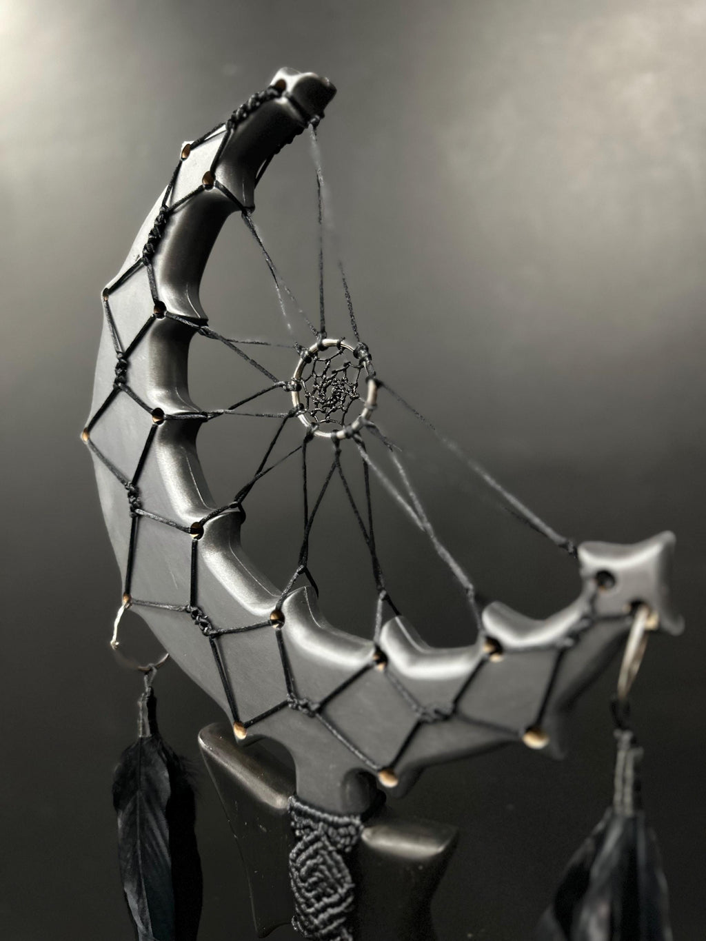 Lunar Dreamcatcher Staff – Handmade Silver Moon, Black Crescent Ritual Prop, Accessory with Feathers & Web, Costume Accessories, Macrame Art