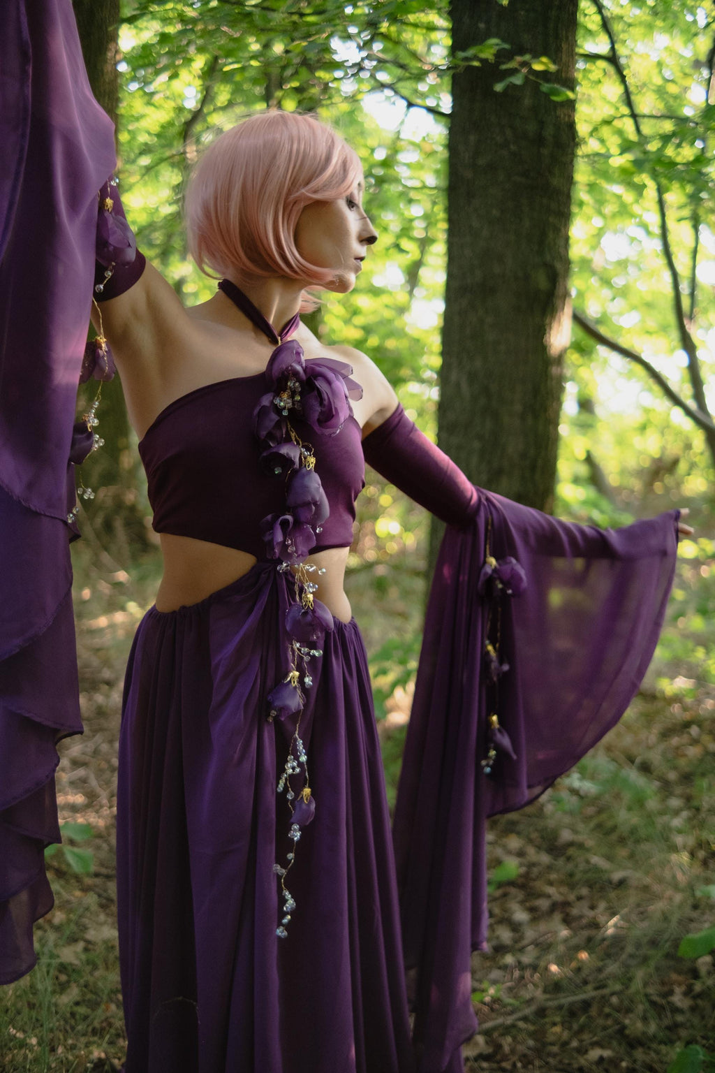 Purple Fantasy Fairy Costume – Moonlit Orchid, Elven Cosplay Dress with Flowers, Enchanted LARP Outfit, Witch or Goddess Gown
