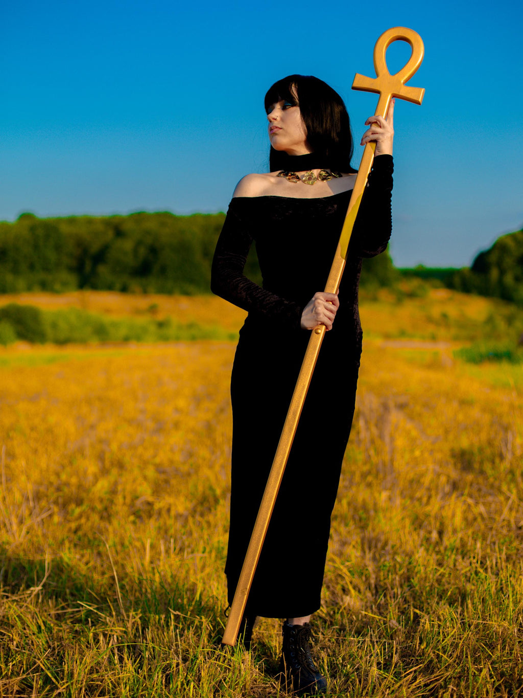 Golden Ankh Staff – Handcrafted Wooden Egyptian Prop, Pharaoh Walking Cane, Ancient Magic Symbol, Fantasy Cosplay Accessory