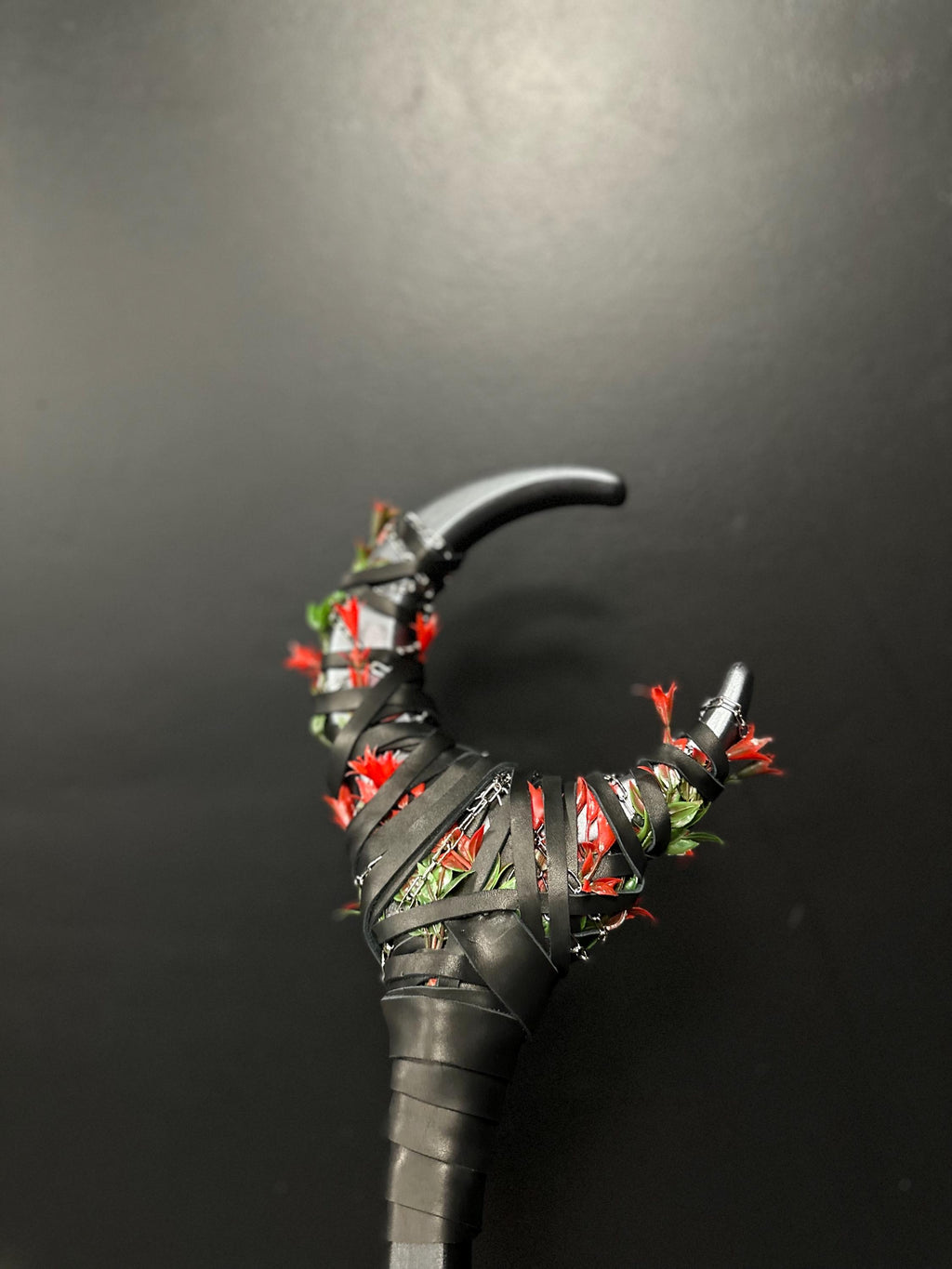 Blooming Nightshade Moon Staff – Wooden Fantasy Cosplay Staff, Silver Moon Color with Red Bellflower, Handcrafted Wizard Staff