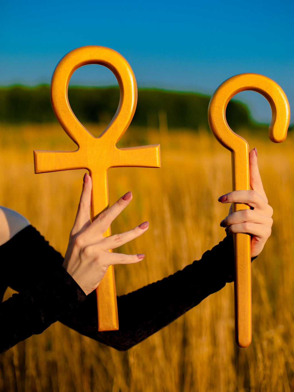 Golden Ankh and Crook Set – Pair of Egypt Symbols, Wooden Cross and Staff, Pharaoh Symbol Props