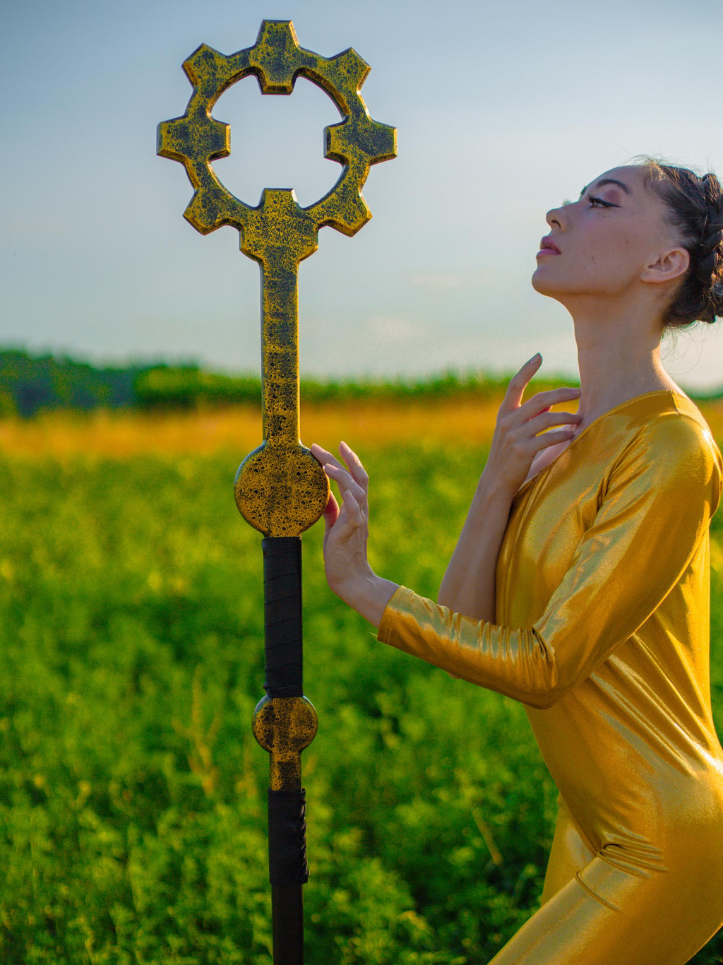 Solar Luminary Staff – Handmade Golden Wooden Staff, Fantasy Prop, Druid Walking Stick, Mystic Light Totem