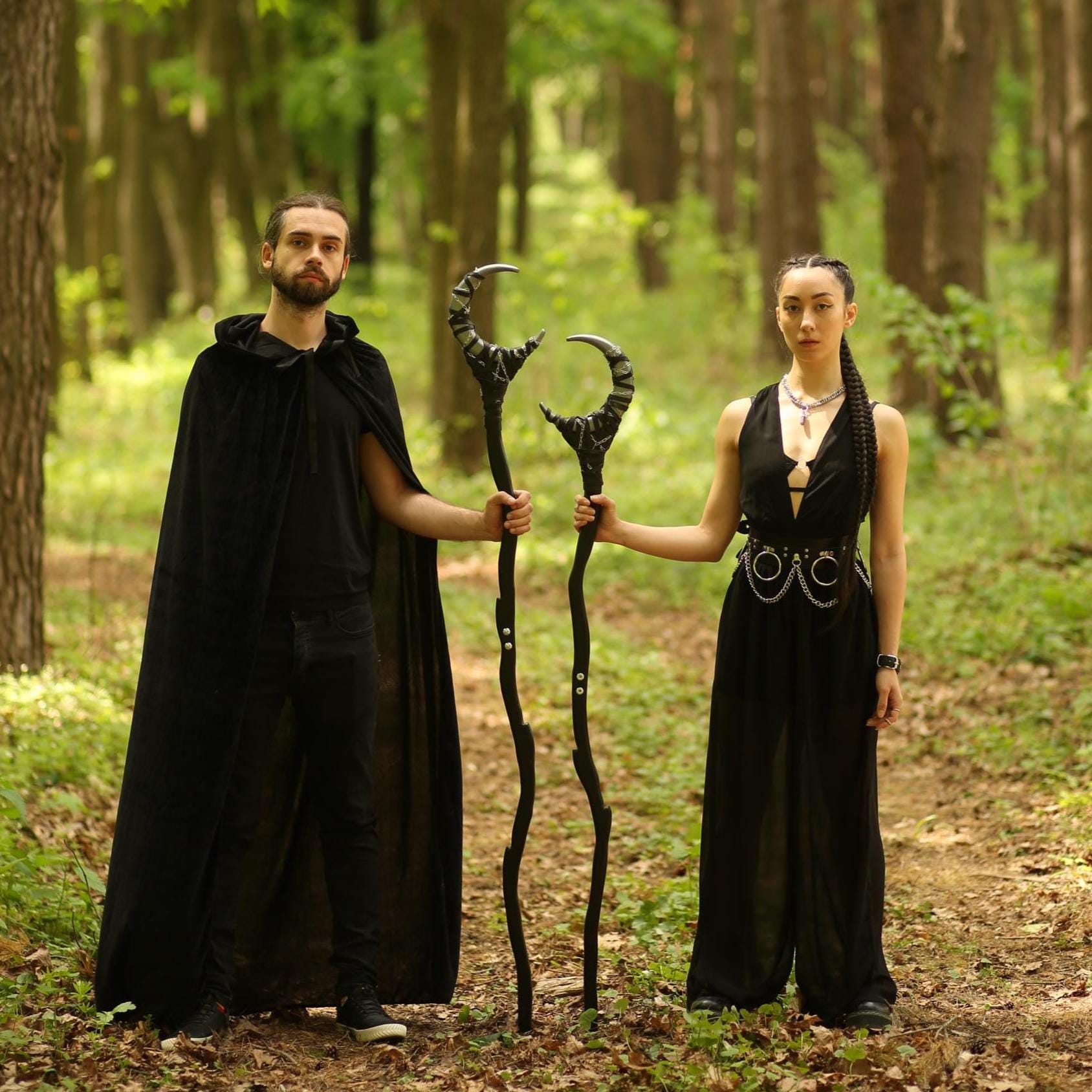 Gun Metal Crescent Moon Staff – Druidic Wand, Wicca Ritual Prop, LARP Wizard Stick, Fantasy Cosplay Accessory, Alder Wood