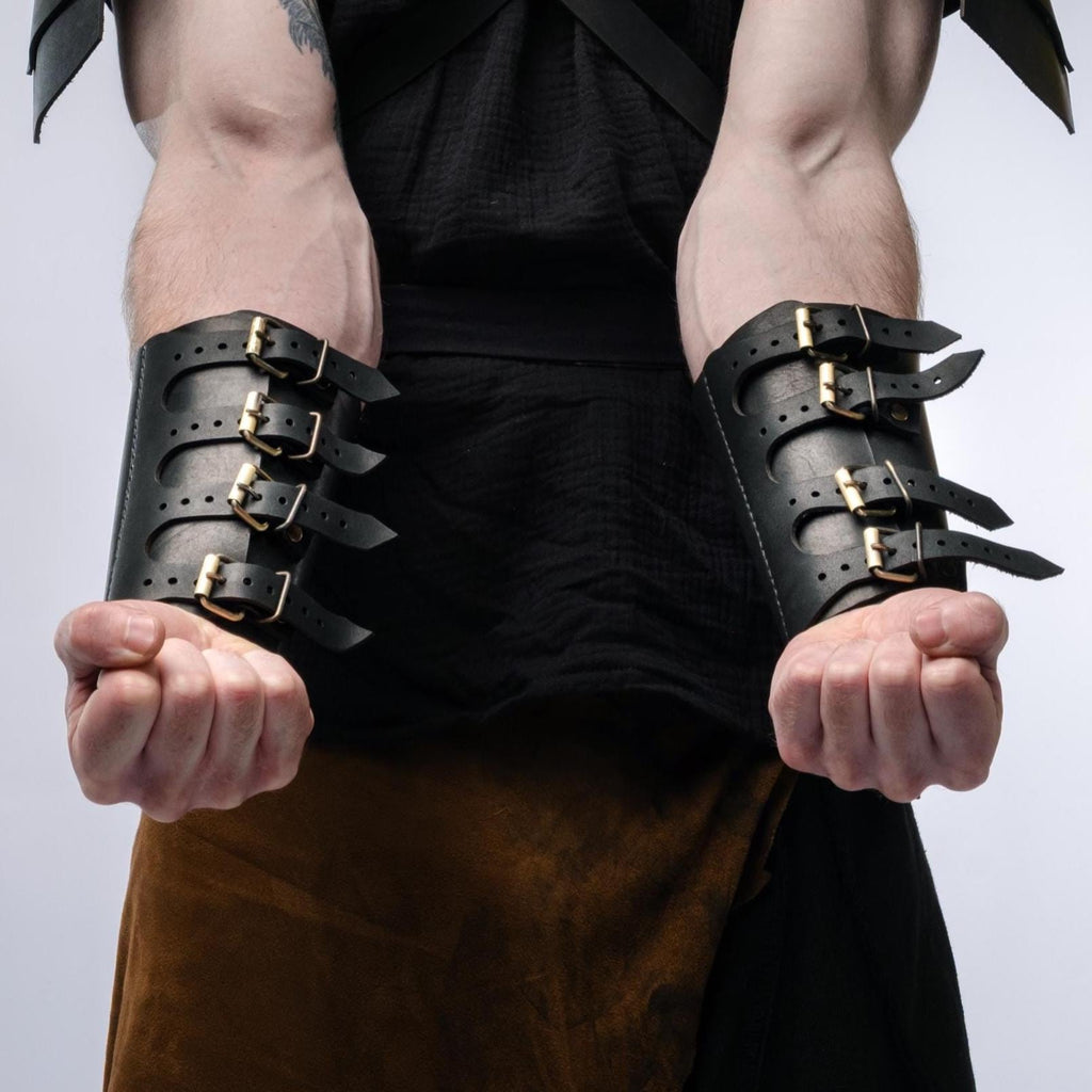 Leather Bracers with Metal Details of Valhalla  – Viking Arm Guards – Medieval LARP Armor – Handmade Cosplay Vambraces – Warrior Accessories