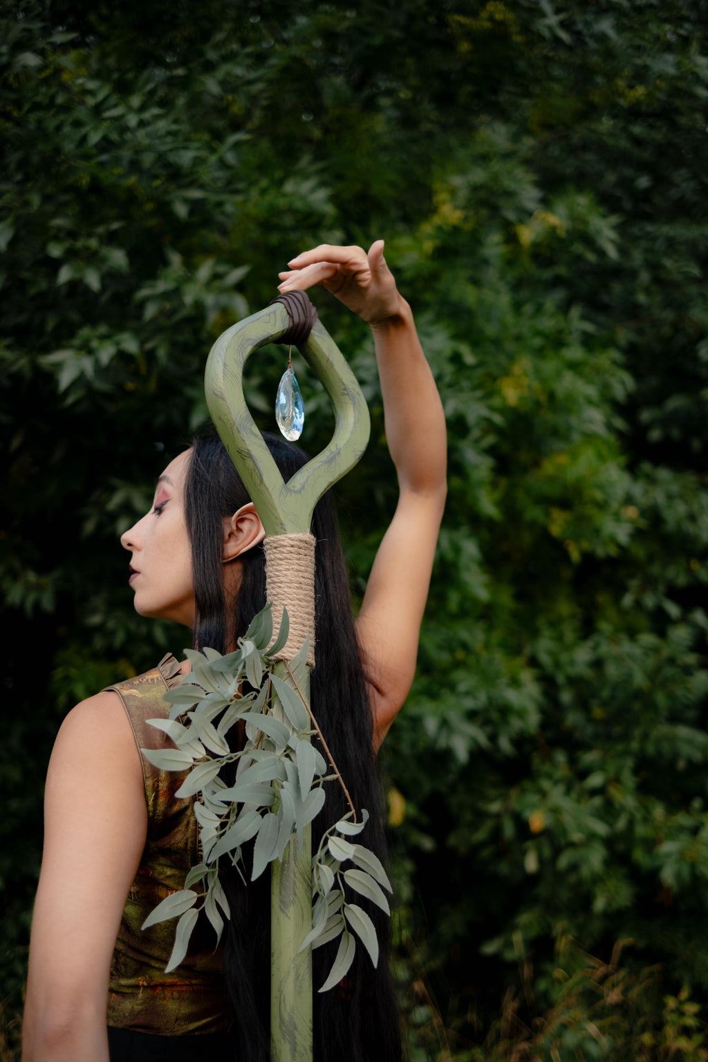 Crystal Of The Forest – Handmade Wooden Staff with Glass Crystal, Nature Staff for Cosplay