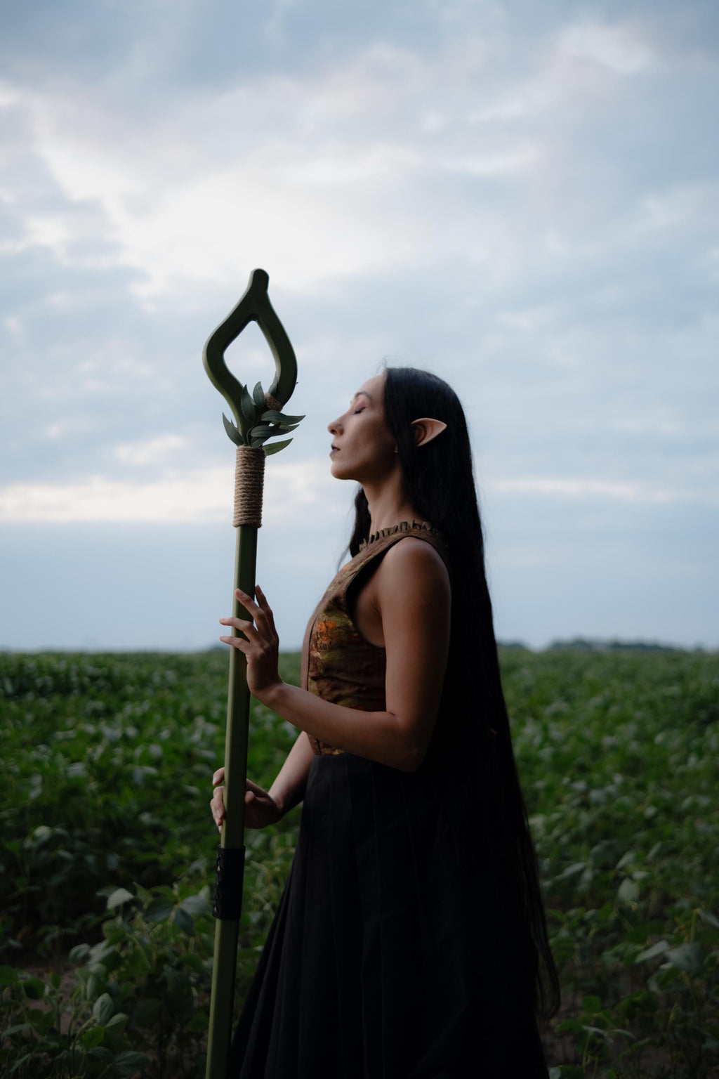 Druid Staff Eye of the Grove – Handmade Wooden Nature Staff with Faux Leaves, Nature Staff for LARP & Cosplay, Ritual