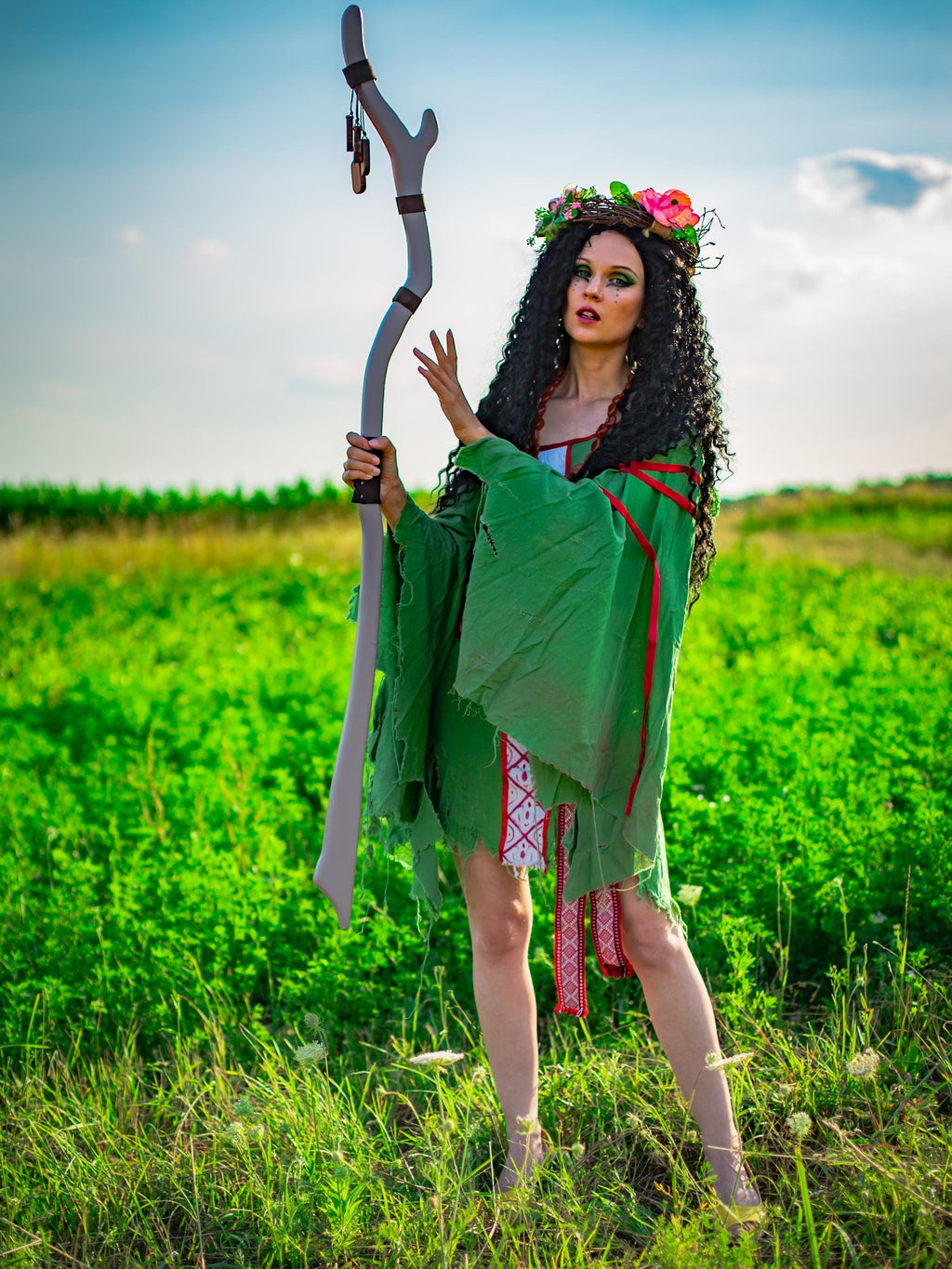 Staff of Runestones – Wooden Rune Staff, Druidic Forest Decor, Handcrafted Magical Prop, Nature Symbol Cane